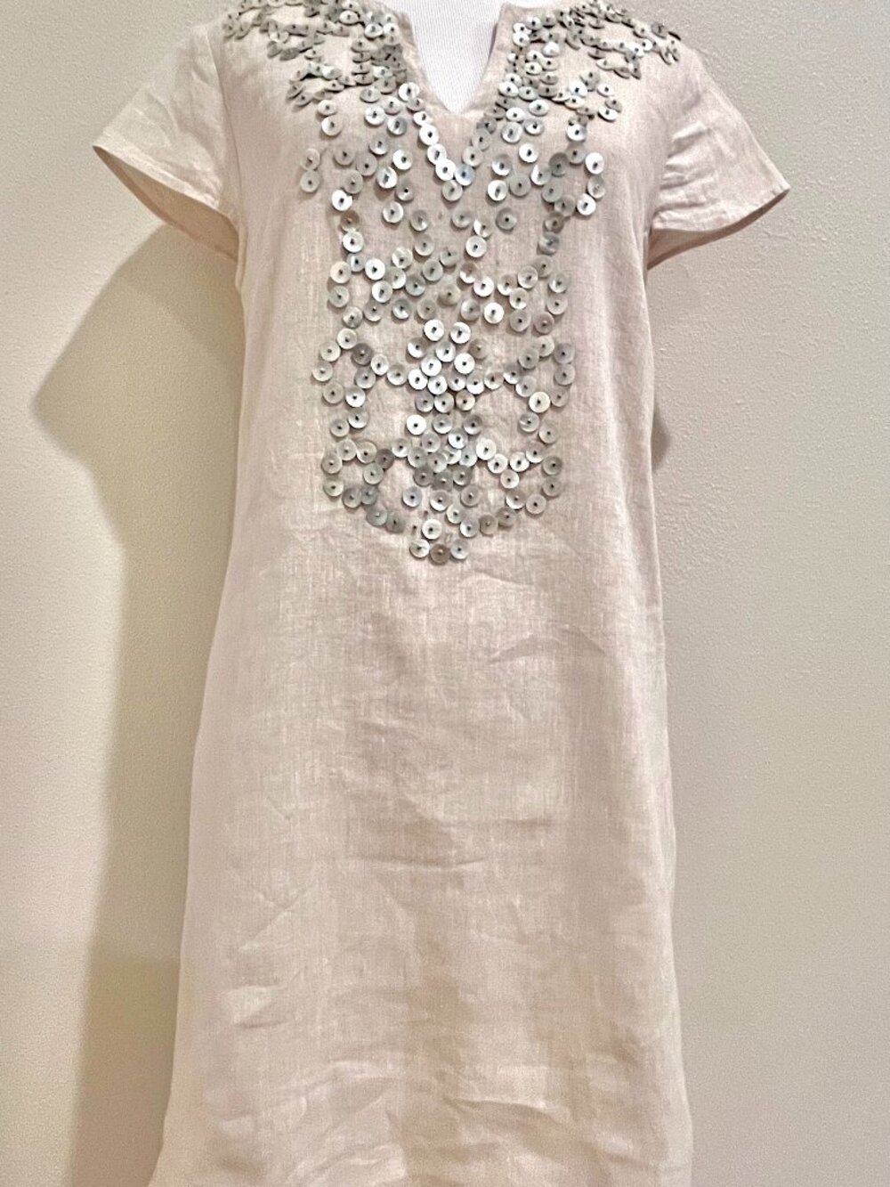 Vineyard Vines Neutral Linen-Blend Pearl Beaded Cap Sleeve Sheath Dress - Size 2